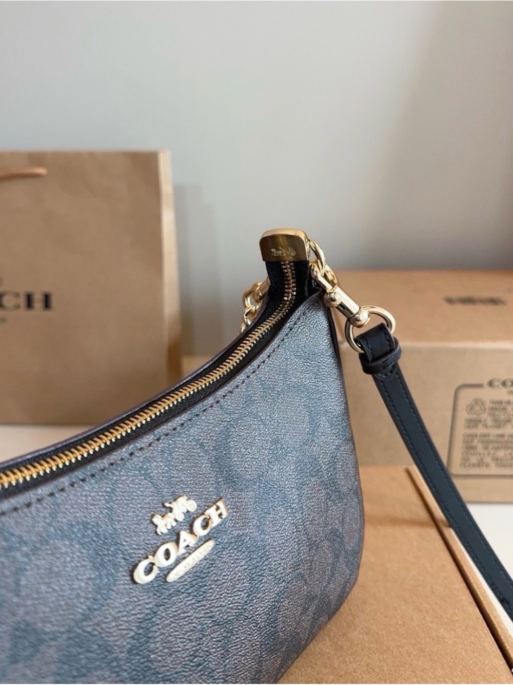 Coach Mini Wristlet in Blue-Gray Signature Canvas with Gold Hardware